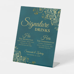 Signature Drinks Dark Teal & Gold Wedding Bar Pedestal Sign