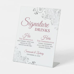 Signature Drinks Dusty Rose & Silver Chic Wedding Pedestal Sign