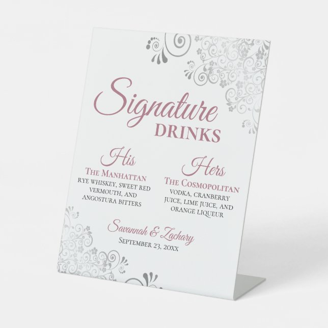 Signature Drinks Dusty Rose & Silver Chic Wedding Pedestal Sign (Front)