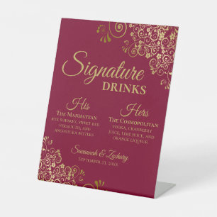 Signature Drinks Elegant Burgundy & Gold Wedding Pedestal Sign