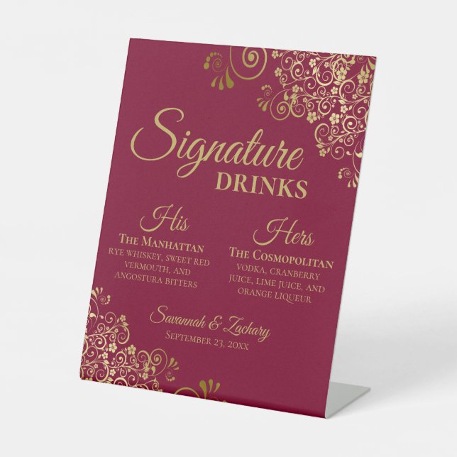 Signature Drinks Elegant Burgundy & Gold Wedding Pedestal Sign (Front)