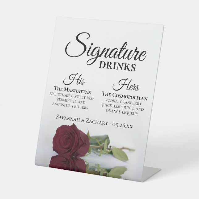Signature Drinks Elegant Burgundy Rose Wedding Pedestal Sign (Front)