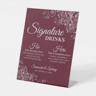 Signature Drinks Elegant Burgundy & Silver Wedding Pedestal Sign