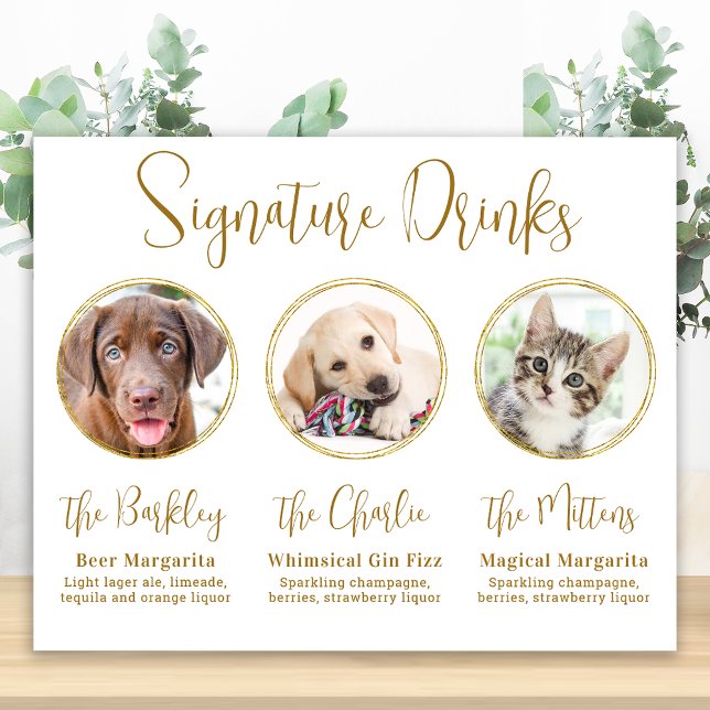 Signature Drinks Elegant Gold 3 Photo Pet Wedding Poster (Creator Uploaded)