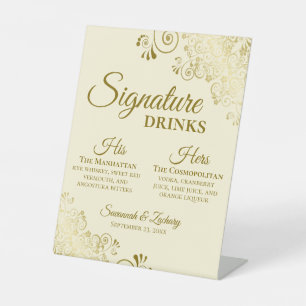 Signature Drinks Elegant Gold & Cream Wedding Bar Pedestal Sign