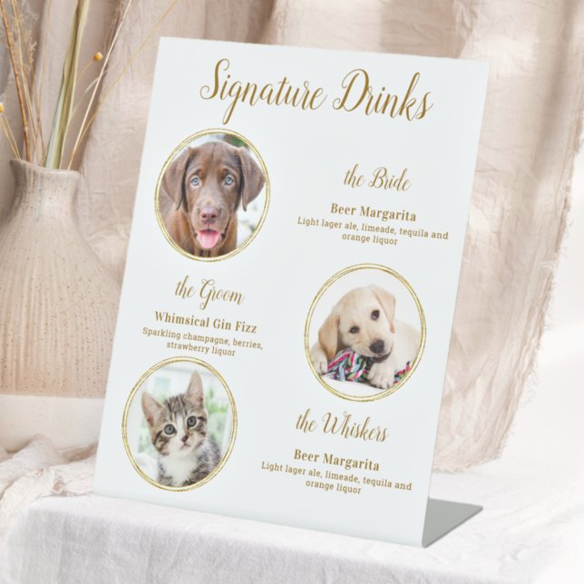 Signature Drinks Elegant Gold Pet Wedding 3 Photos Pedestal Sign (Creator Uploaded)