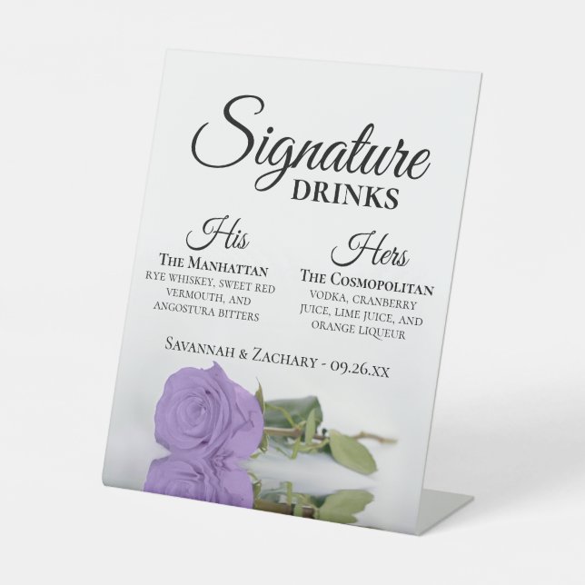 Signature Drinks Elegant Lavender Rose Wedding Pedestal Sign (Front)