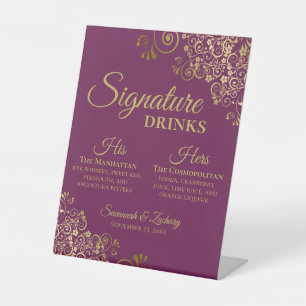 Signature Drinks Elegant Magenta & Gold Wedding Pedestal Sign
