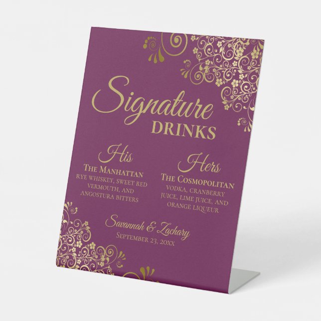 Signature Drinks Elegant Magenta & Gold Wedding Pedestal Sign (Front)