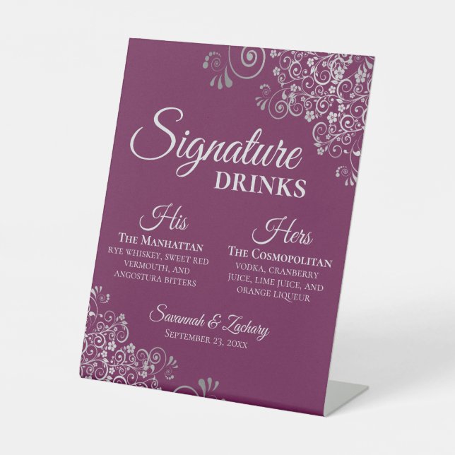 Signature Drinks Elegant Magenta & Silver Wedding Pedestal Sign (Front)
