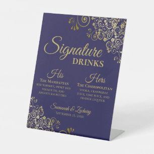 Signature Drinks Elegant Navy Blue & Gold Wedding Pedestal Sign