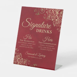 Signature Drinks Elegant Red & Gold Wedding Bar Pedestal Sign