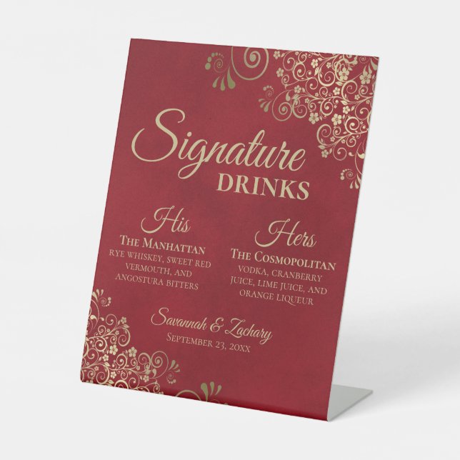Signature Drinks Elegant Red & Gold Wedding Bar Pedestal Sign (Front)