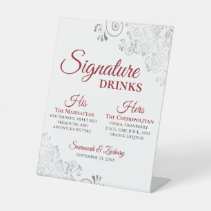 Signature Drinks Elegant Red & Silver Wedding Pedestal Sign