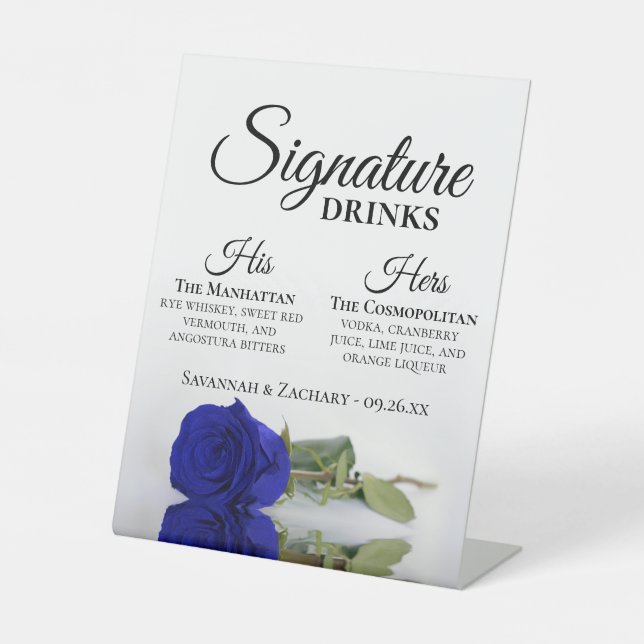 Signature Drinks Elegant Royal Blue Rose Wedding Pedestal Sign (Front)