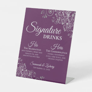 Signature Drinks Elegant Silver & Plum Wedding Pedestal Sign