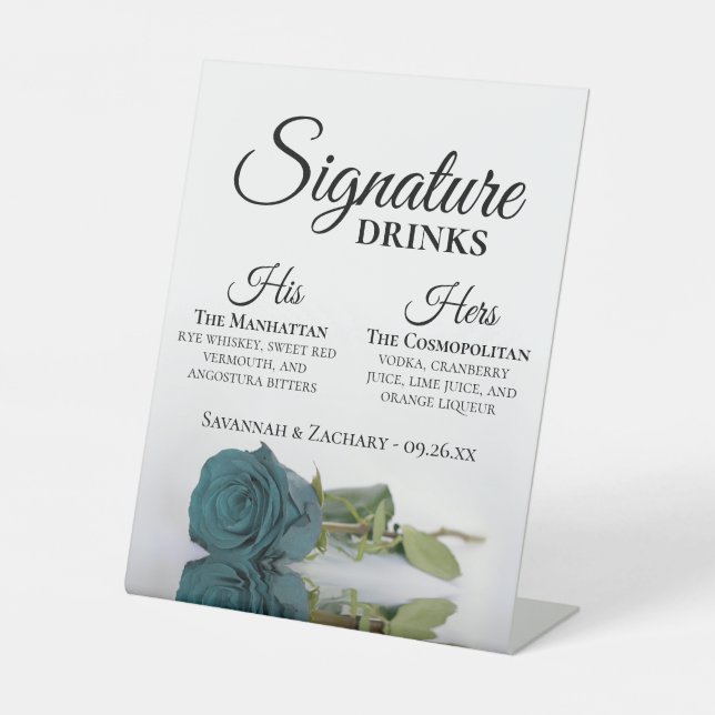 Signature Drinks Elegant Teal Rose Wedding Pedestal Sign (Front)