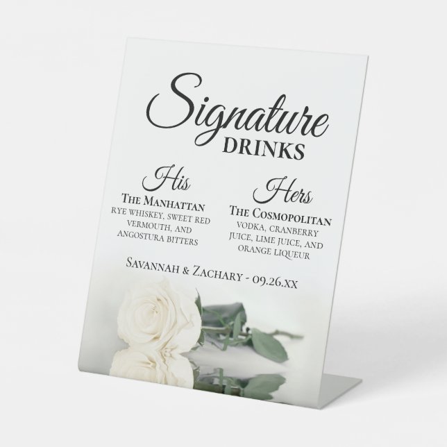 Signature Drinks Elegant White Rose Wedding Pedestal Sign (Front)