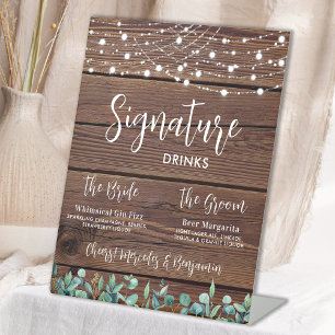 Signature Drinks Greenery String Lights Wedding Pedestal Sign