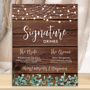 Signature Drinks Greenery String Lights Wedding Poster