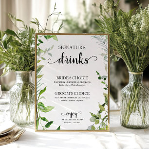 Signature Drinks Greenery Watercolor Elegant Poster