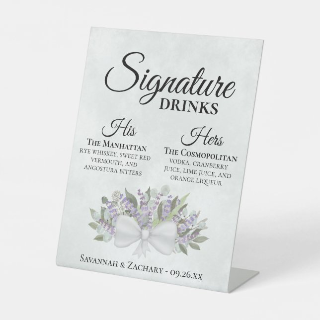 Signature Drinks Lavender & Eucalyptus Wedding Pedestal Sign (Front)