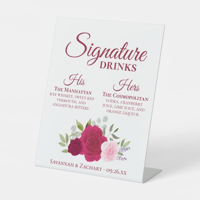 Signature Drinks Magenta & Pink Roses Wedding Pedestal Sign (Front)