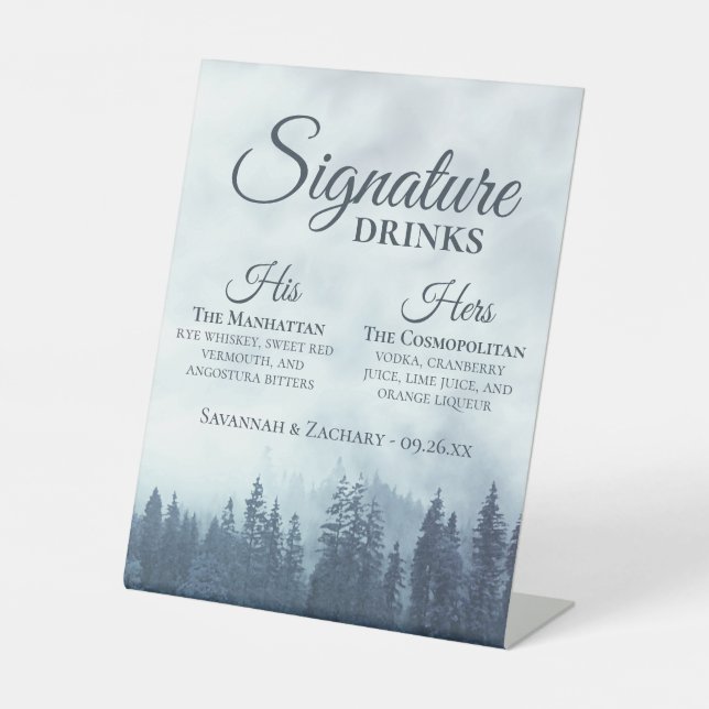 Signature Drinks Misty Blue Pine Trees Wedding Pedestal Sign (Front)