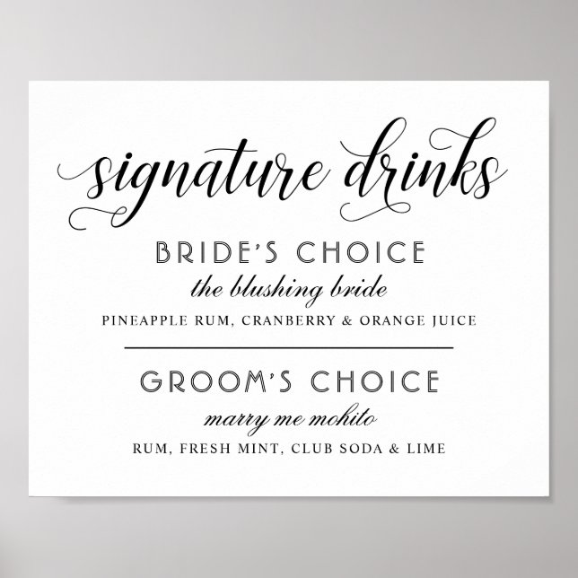 Signature Drinks Modern Black and White Wedding Poster (Front)