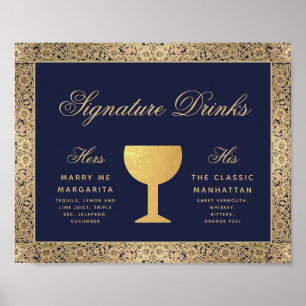 Signature Drinks Navy Blue Gold Roses Wedding Sign