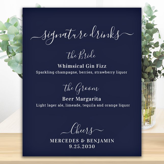 Signature Drinks Personalise Navy Blue Wedding Bar Poster (Creator Uploaded)