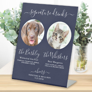 Signature Drinks Pet Dog Wedding Photo Navy Blue  Pedestal Sign