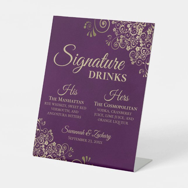 Signature Drinks Plum Purple & Gold Wedding Bar Pedestal Sign (Front)