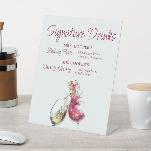 Signature Drinks Red and White Wine Dance Wedding Pedestal Sign (In SItu)