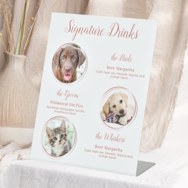 Signature Drinks Rose Gold Pet Wedding 3 Photos Pedestal Sign (Creator Uploaded)