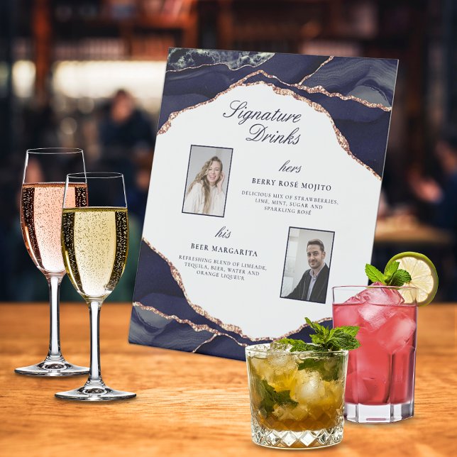 Signature Drinks Rose Navy Agate Wedding Photos Pedestal Sign (Signature Drinks Rose Navy Agate Wedding Photos Pedestal Sign)