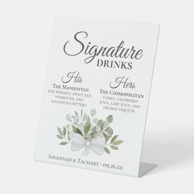 Signature Drinks Rustic Eucalyptus Bouquet Wedding Pedestal Sign (Front)