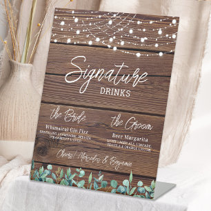 Signature Drinks String Lights Eucalyptus Wedding Pedestal Sign
