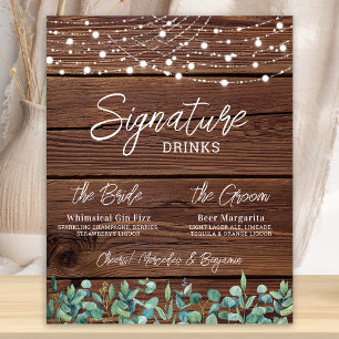 Signature Drinks String Lights Eucalyptus Wedding Poster