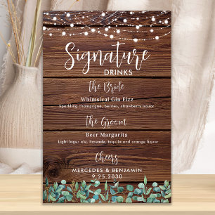 Signature Drinks String Lights Rustic Wedding Bar Poster