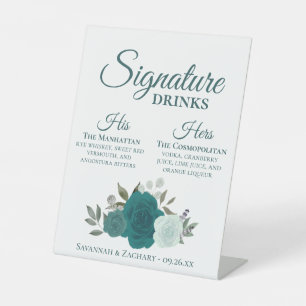 Signature Drinks Teal & Aqua Roses Wedding Pedestal Sign
