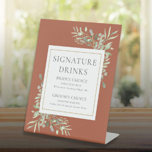 Signature Drinks Watercolor Greenery Terracotta Pedestal Sign