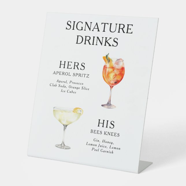 Signature Drinks Wedding Cocktail Menu Poster Pedestal Sign (Front)