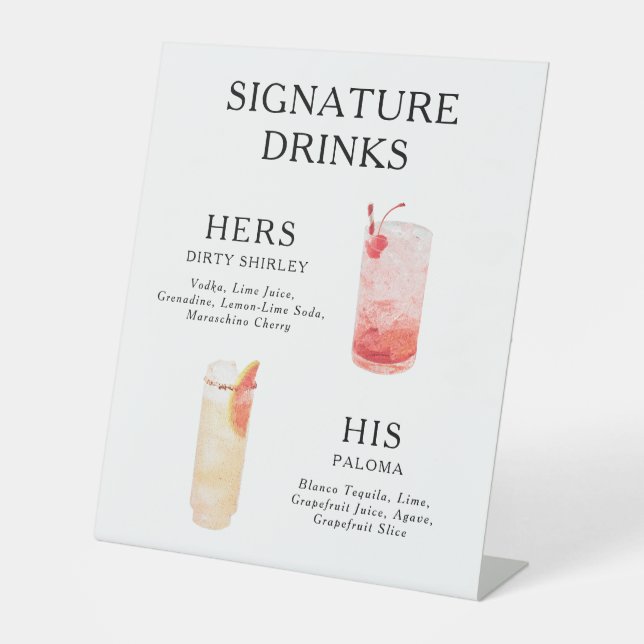 Signature Drinks Wedding Cocktail Menu Poster Pedestal Sign (Front)