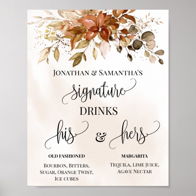 Signature Drinks Wedding Fall Autumn Eucalyptus Poster (Front)