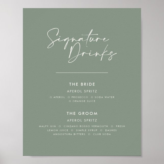 Signature drinks wedding modern minimal sage green poster (Front)