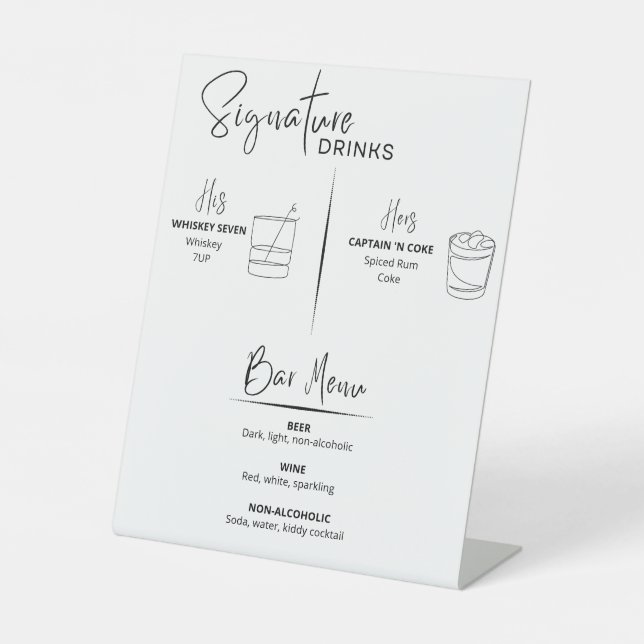 Signature Drinks Wedding Reception Bar Menu Sign (Front)