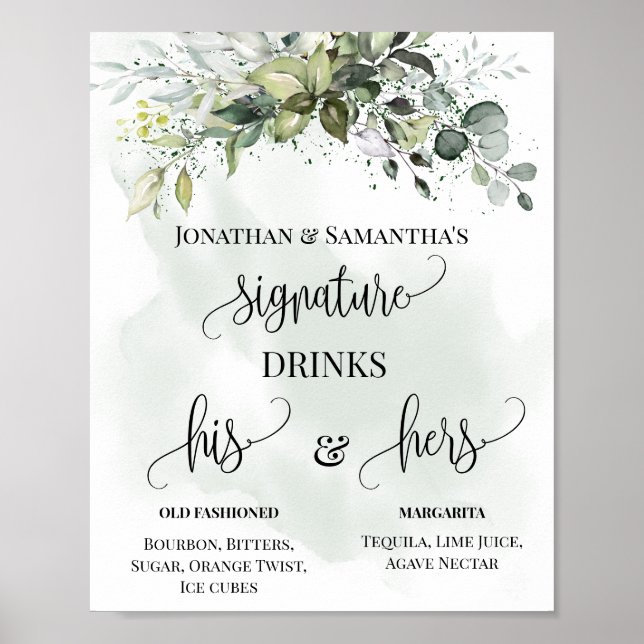 Signature Drinks Wedding Reception Eucalyptus Sign (Front)