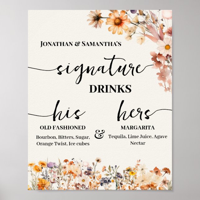Signature Drinks Wedding Reception Fall Wildflower Poster (Front)