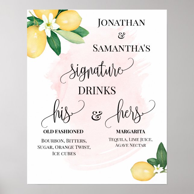 Signature Drinks Wedding Reception Lemons Pink Pos Poster (Front)